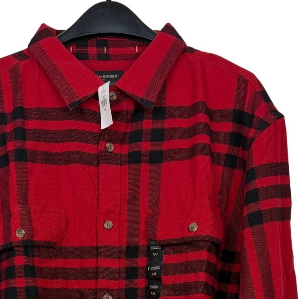 NEW Banana Republic Flannel Shirt Mens XXL Cotton‎ Red Black Plaid Standard Fit